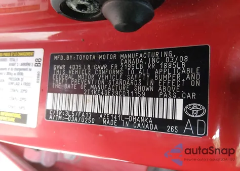 2009 Toyota Matrix S z USA, uszkodzony, nr VIN 2T1KE40E29C011159